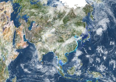 Asia with Country Borders and Cloud Coverage, True Colour Satellite Image by Unknown